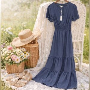 NWT Max Studio XS Blue Cottage Core Maxi Dress w Pockets Smocked Waist Tiered